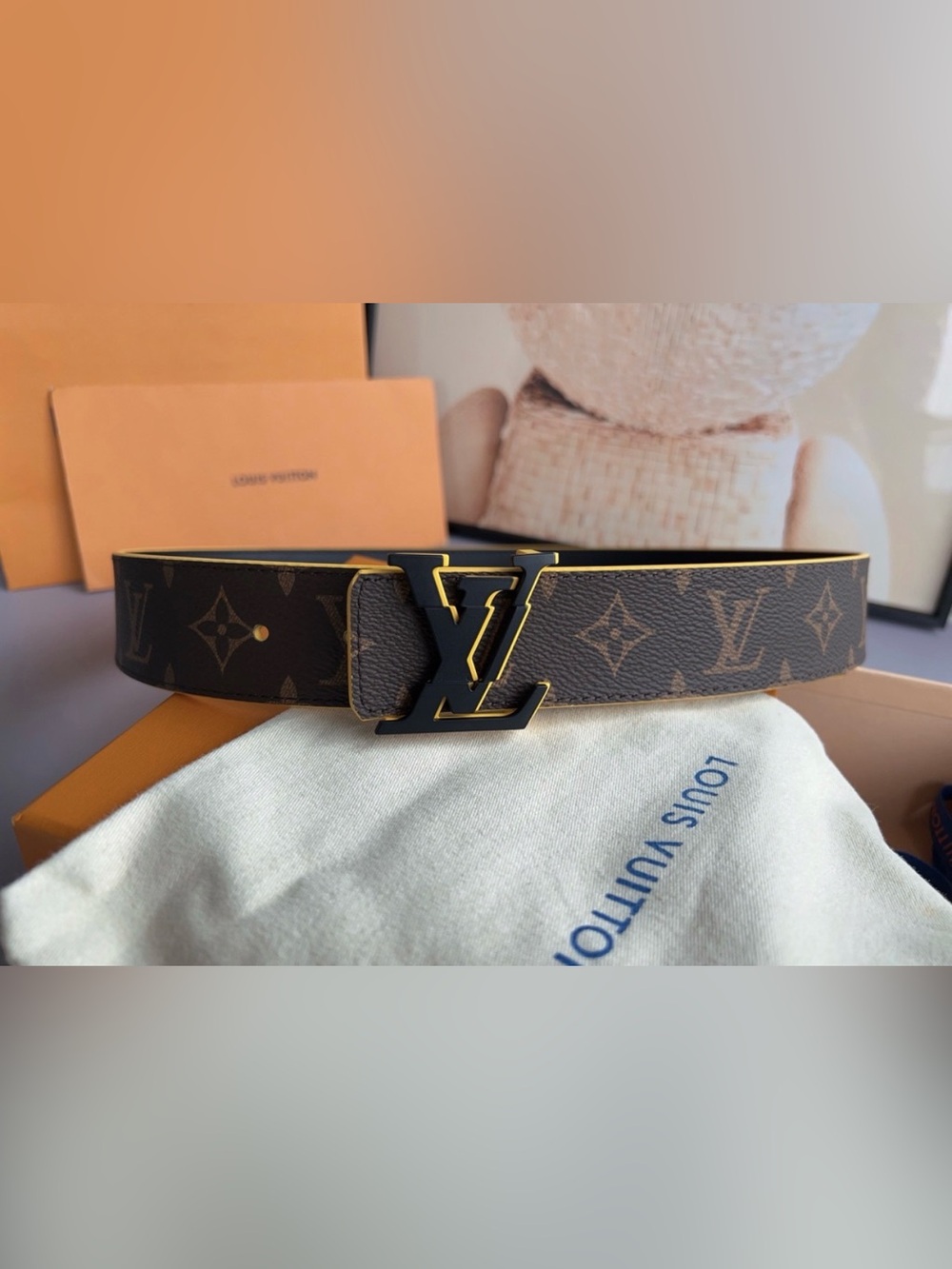 Louis Vuitton Brown Monogram Belt with Black and Gold LV Buckle